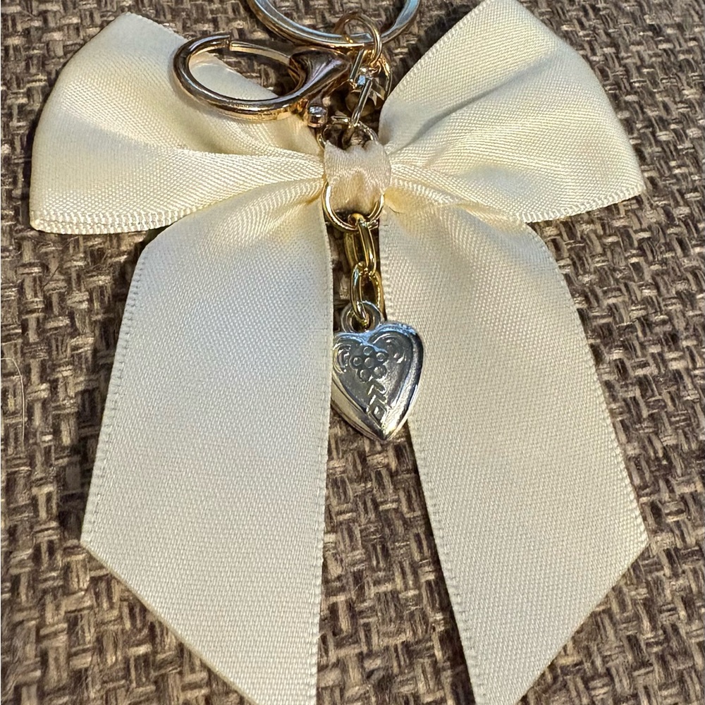 Cream Bow Keychain with Heart Charm